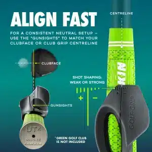 Align fast: GOLF-GRIP™ gunsights match the clubface or grip centreline for a neutral, weak or strong grip