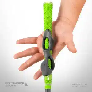 Open hand beside a club fitted with GOLF-GRIP™, showing where the hand sits (right-handed)